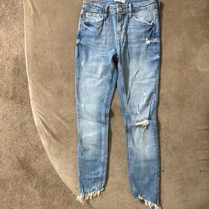 Zara Blue Ankle Cropped Jeans with Distressed Details , a little elastic